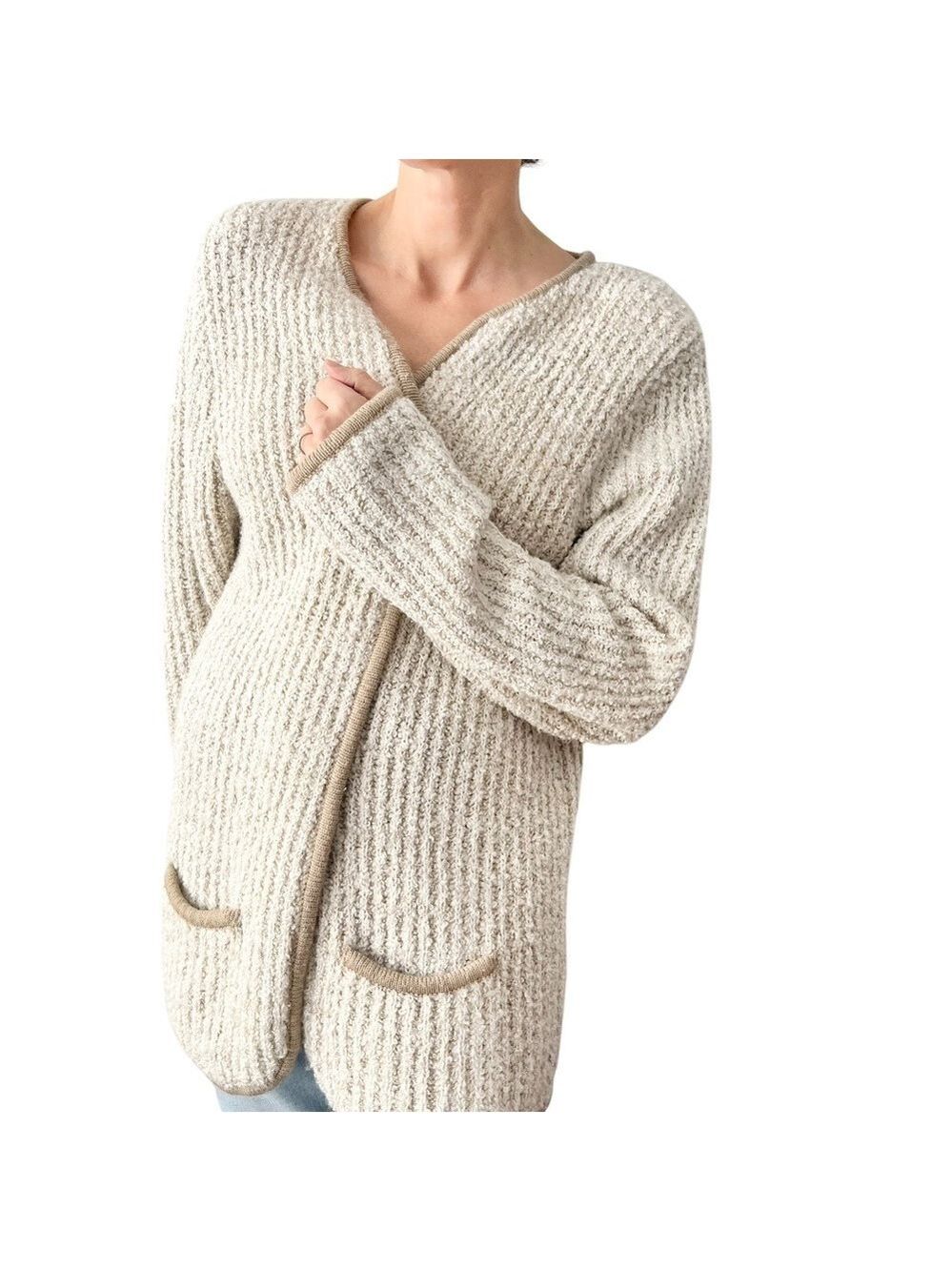 Vintage Eaton cream tan boucle open front long knit cardigan sweater S